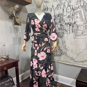 Bar III Black and Pink Wrap Maxi Dress V-Neck 3/4 Sleeve